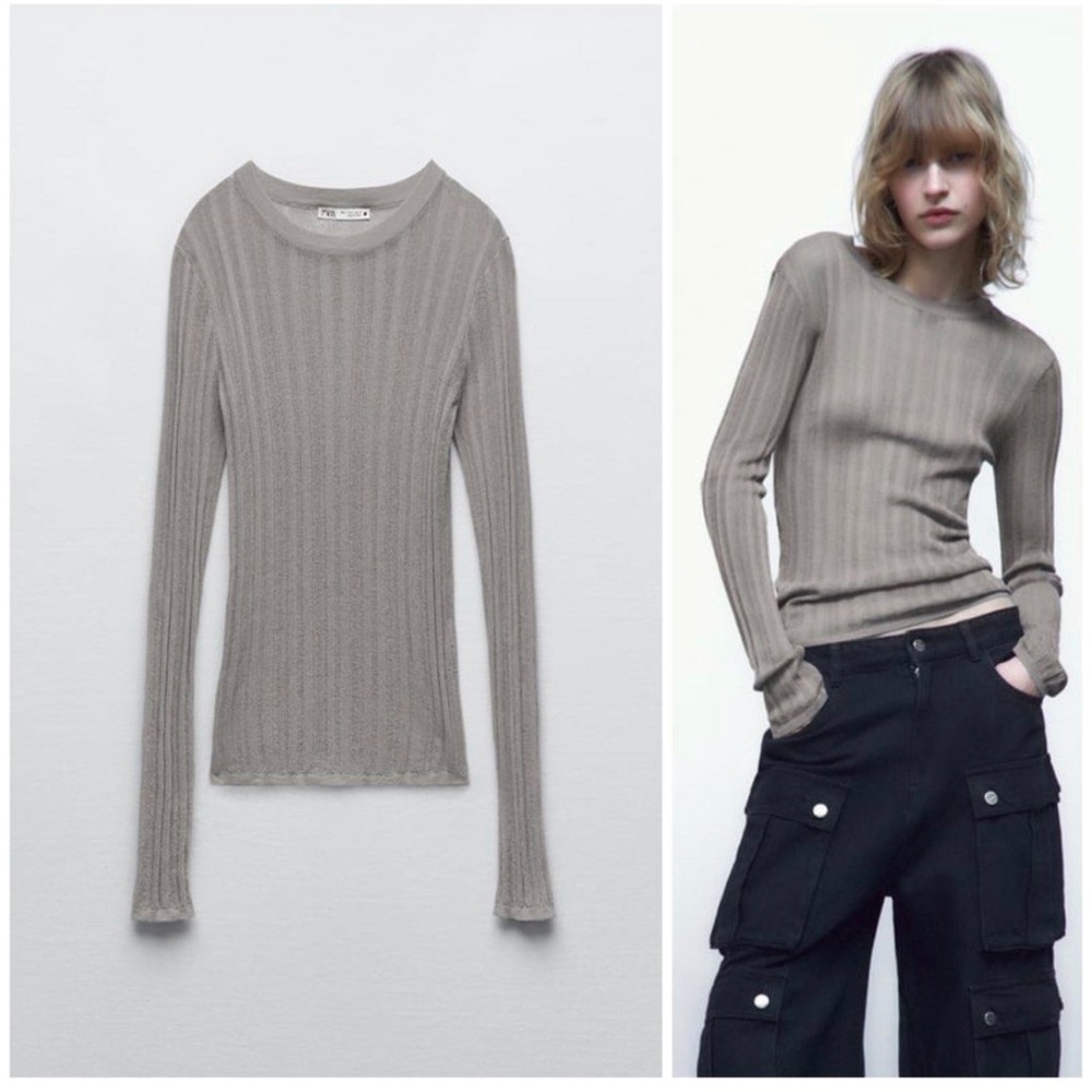 NWT Zara  grunge Y2K RIBBED KNIT LONG SLEEVE MESH TOP sweater gray size S